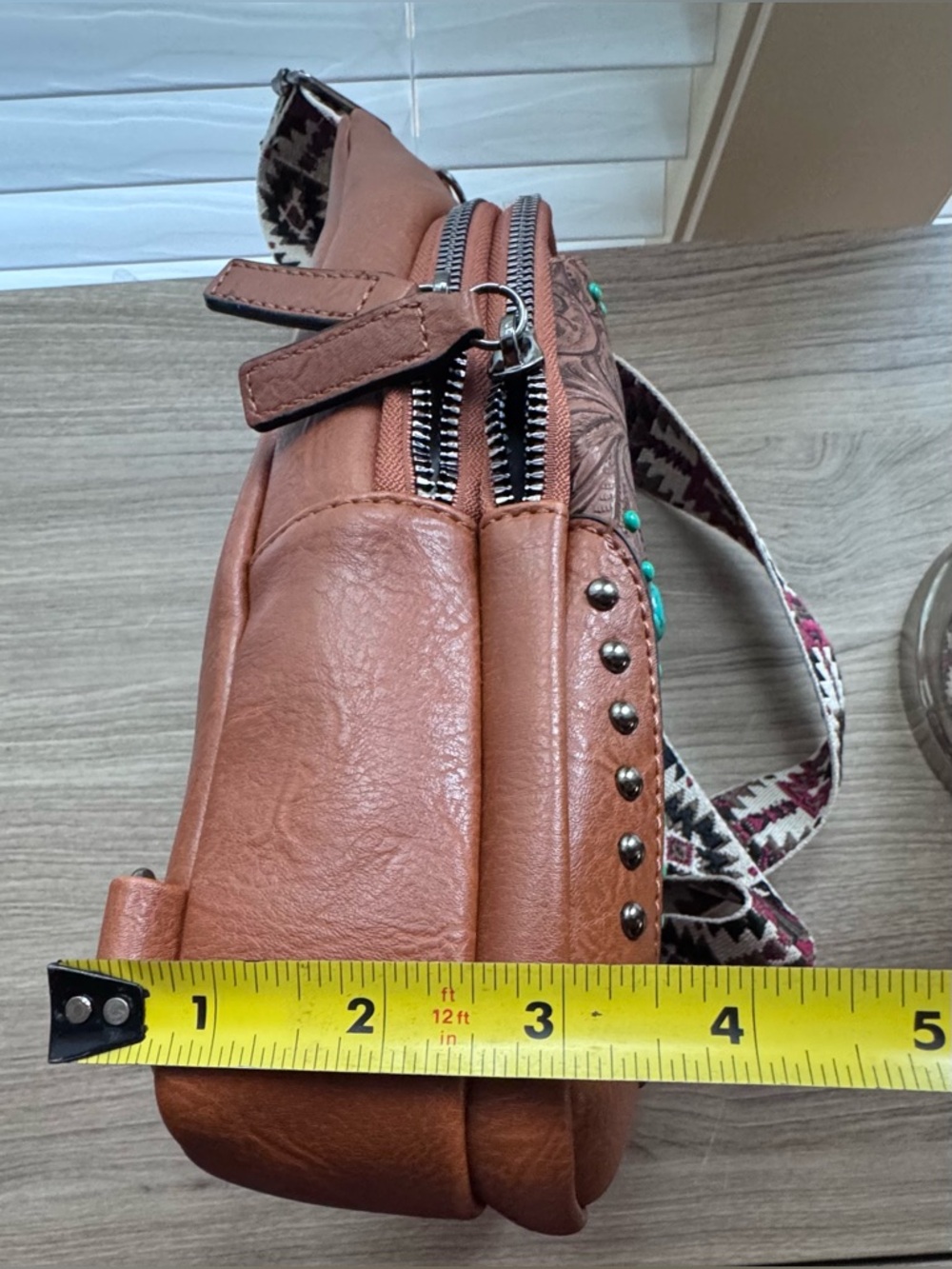 Sam & Hadley Brown Tooled Leather Crossbody Sling Bag with Turquoise Accents - Picture 12 of 12